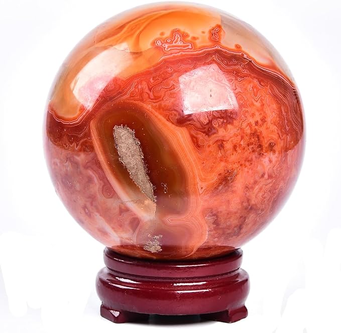 JIC Gem Red Agate Large Crystal Ball 3.5-4 inch(90-100mm) Round Healing Crystals Decorative Sphere with Wooden Stand Meditation Witchcraft Home Decor