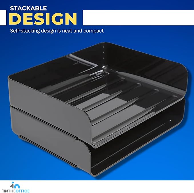 1InTheOffice Stackable Paper Tray, File Trays for Desk Stackable, Letter Tray Organizer, Side Load, Black, 2 Pack