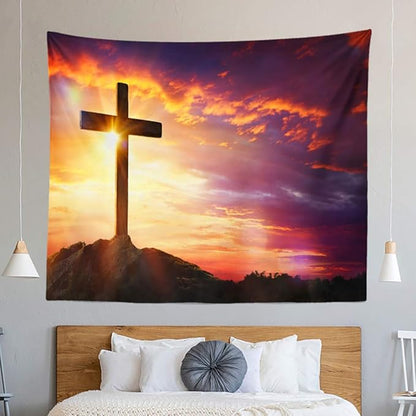 BERRY Jesus Christ Cross Sunrise Tapestry Sunset Sepulcher Lord Pray Easter Crucifixion Religious Belief Wall Hangings Decor Large Tapestry for Bedroom Living Room Dorm College Church Man Cave(80x60