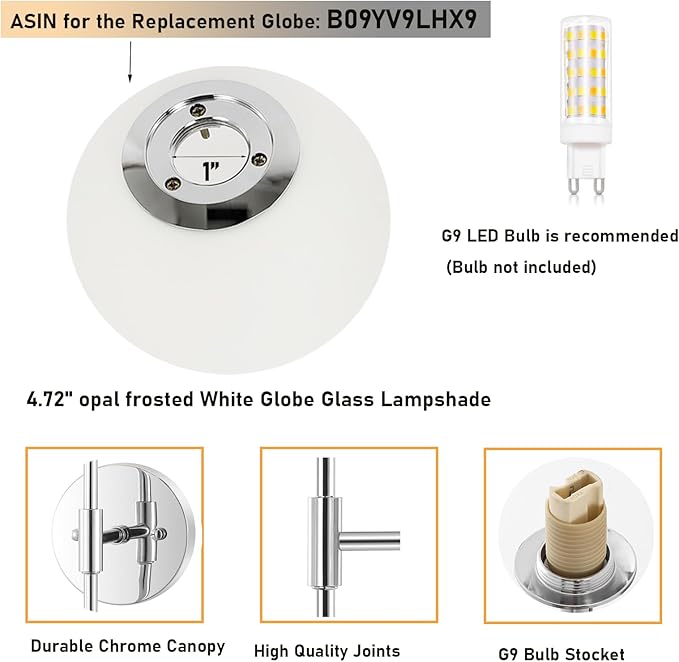 Modern Wall Sconce Set of 2 White Globe Glass Shades Mid Century Bathroom Vanity Wall Light Fixtures Industrial Wall Lamp for Bedroom Mirror Living Room Restaurant (Chrome Color)