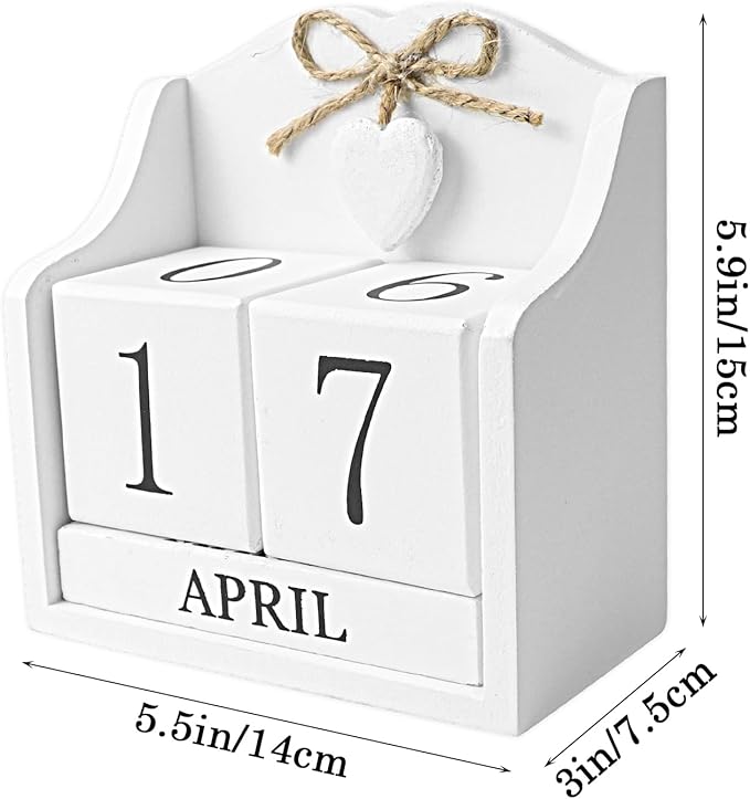 Rustic Wooden Desk Calendar - Adjustable Perpetual Cube (5.7x5.9in), White European-Style for Home Office Decor, Photography Prop