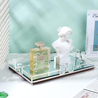 Decorative Tray, Bright Silver, Modern Premium Feeling Perfume Tray, Luxury Rust-Proof Glass Tray for Bathroom, Dresser, Bedroom