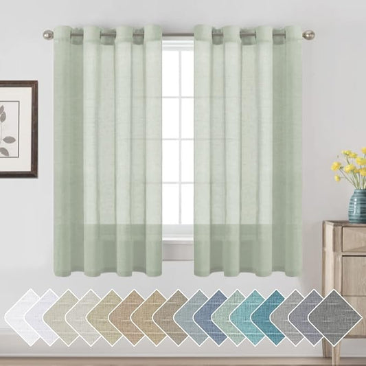 H.VERSAILTEX Linen Curtains Natural Linen Blended Curtain Panels for Living Room/Light Reducing Linen Semi Sheer Curtains 63 inch Length 2 Panels Set Nickel Grommet Window Panels, Sage