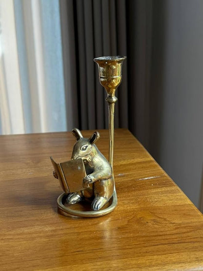 Vintage Brass Mouse Candleholder, Bookshelf Decor Antique Patina Taper Candle Holder mice Home Decor Gift, Reading Lover Gift