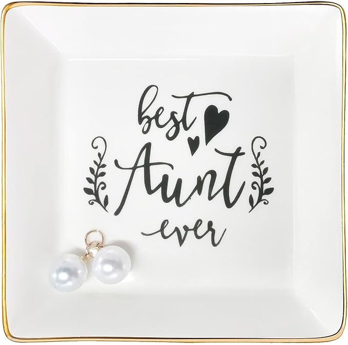 Aunt Gifts Best Aunt Ever Birthday Gift for Women Auntie from Niece and Nephew Mothers Day Christmas Jewelry Dish Ceramic Trinket Trays Ring Holder Bathroom Decor