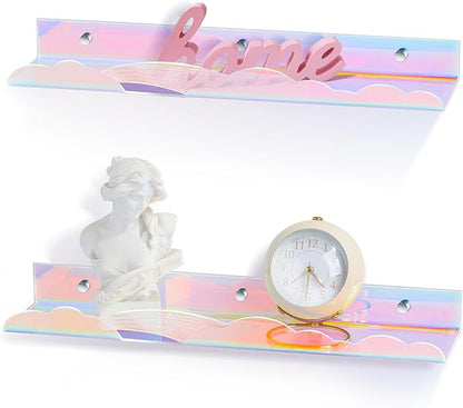 Iridescent Rainbow Acrylic Floating Shelves,15in Kids Wall Mounted Nursery Bookshelves, Display Ledge for Books Toys Cosmetic, Bathroom Bedroom Living Room Wall Decor and Storage, 2 Pack
