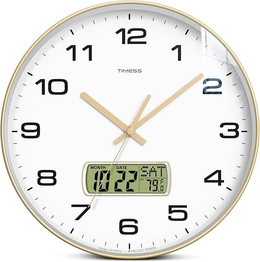Wall Clock, 13" Dial Non-Ticking Silent Battery Operated Analog with LCD Display for Perpetual Calendar and F° Temperature, Ideal Modern Home, Bedroom, Kitchen, Office Decor (Gold)