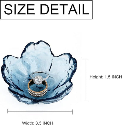 Crystal Blue Flower Ring Dish Jewelry Tray, Decorative Glass Trinket Dish, Modern Accent Tray for Vanity