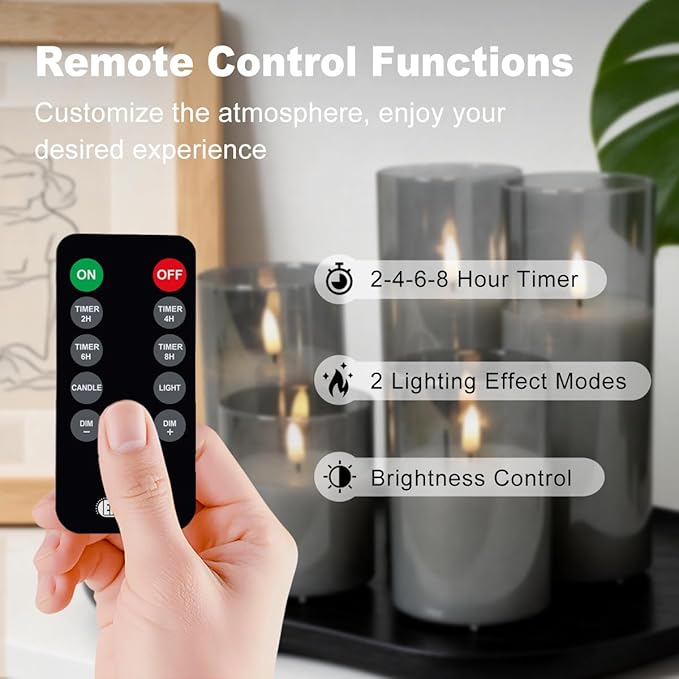 Rechargeable Flameless Candle, Flashing LED Pillar Real Wax Candle with Remote Control and Timer, Clear Glass Electronic Candles, 1 Set of 5（Gray）