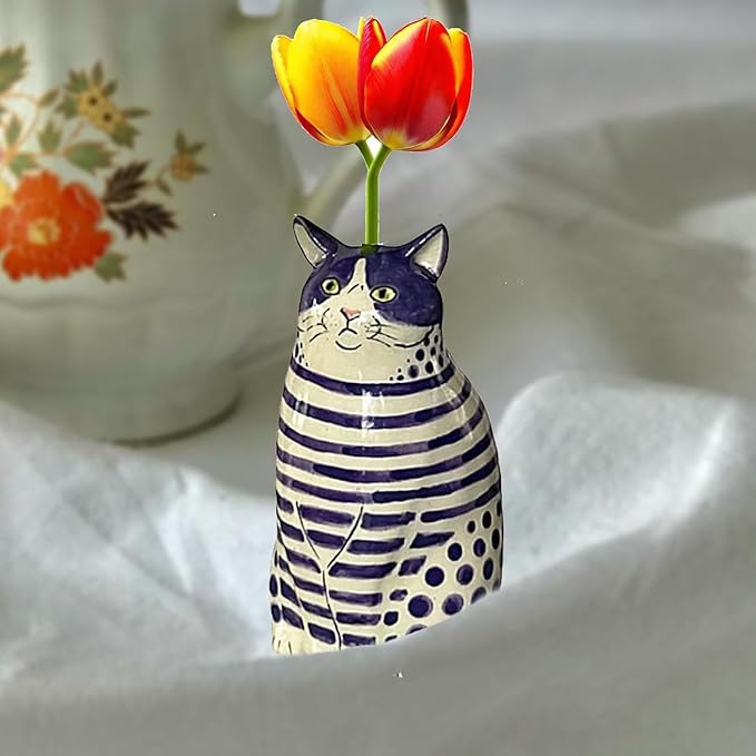 Adorable Polka Dot Cat Flower Vase Bud - A Unique Handmade Piece Perfect for Cat Lovers - Functional and Whimsical Decor for Home and Office