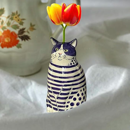 Adorable Polka Dot Cat Flower Vase Bud - A Unique Handmade Piece Perfect for Cat Lovers - Functional and Whimsical Decor for Home and Office