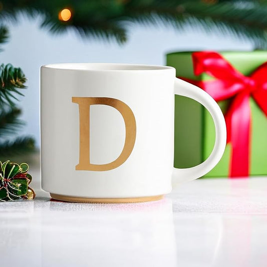 COLLECTIVE HOME - Monogram Ceramic Mugs, 15 oz Golden Initial Coffee Cups, Elegant Alphabet Tea Mugs, Elegant Personalized Mug with Gift Box, Unique Mug with Double Side Capital Letter (D)