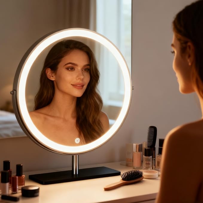 Vanity Mirror Makeup Mirror with Stand,15.8" Round Vanity Mirror, LED Lights, Smart Touch 360°Rotation, Dimmable White (Black)