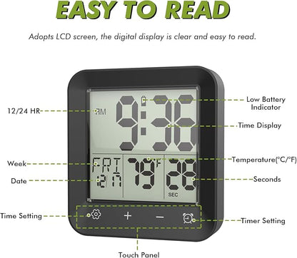 Shower Clock Waterproof Bathroom Timer, Digital Wall Clock with Countdown, Touch Screen, Temperature, LCD Display, Suction Cup Hanging Hole Stand for Kids and Adults