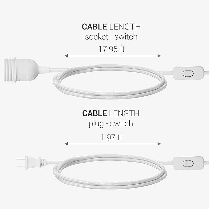 kwmobile Plug-in Light Cord - 20ft Long Fabric Pendant Lamp Cable with Plug, E26 Socket - for Hanging DIY Ceiling Lighting - White