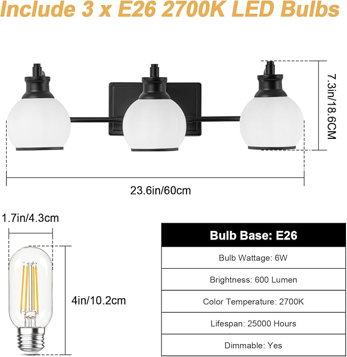 3 Light Modern Bathroom Light Fixtures Over Mirror (LED Bulbs Included), Black Vanity Lights for Bathroom Wall Sconces with Milky White Globe Glass Shades