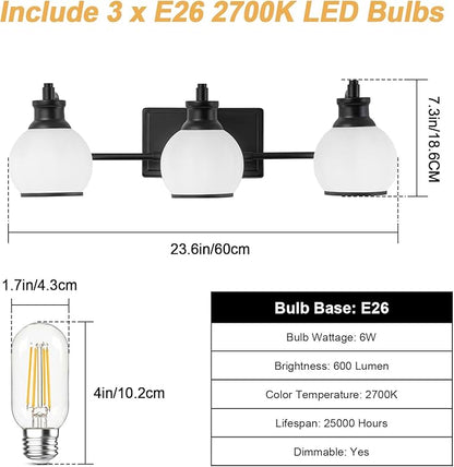 3 Light Modern Bathroom Light Fixtures Over Mirror (LED Bulbs Included), Black Vanity Lights for Bathroom Wall Sconces with Milky White Globe Glass Shades