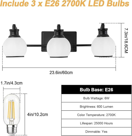 3 Light Modern Bathroom Light Fixtures Over Mirror (LED Bulbs Included), Black Vanity Lights for Bathroom Wall Sconces with Milky White Globe Glass Shades