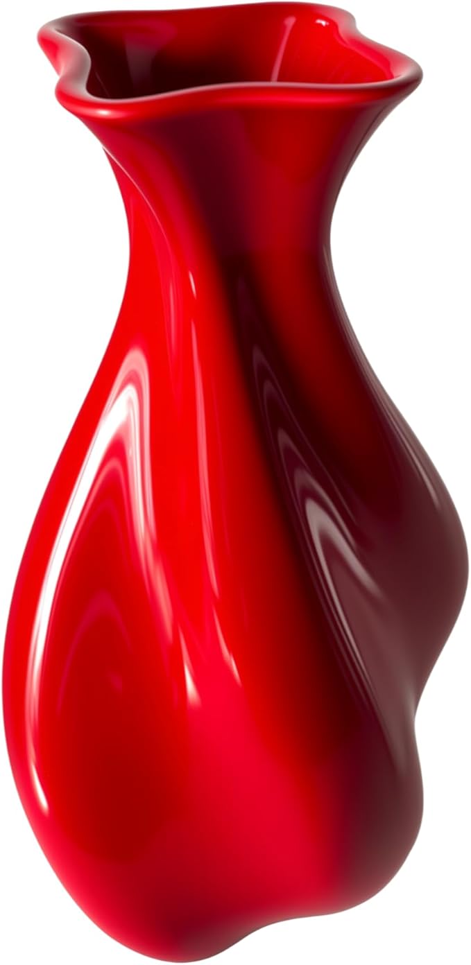 Christmas Red Ceramic Vase for Modern Home Decor - Unique Wavy Shape Decorative Vase for Living Room, Bedroom - Ideal Gift for Women, Valentine's Day, Housewarming (ChifonCyan 7.87 Inches)