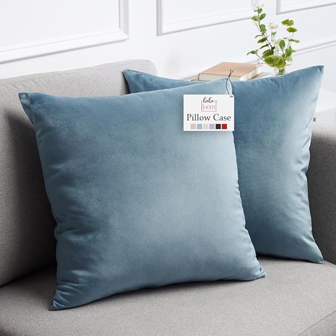 lalaLOOM Velvet Throw Pillow Covers, Set of 2 Decorative Square Pillows Home Decor, Soft Accent Cases, Silky Machine Washable Pillowcases for Sofa, Couch, Bedroom, Living Room, 16x16, Stone Blue
