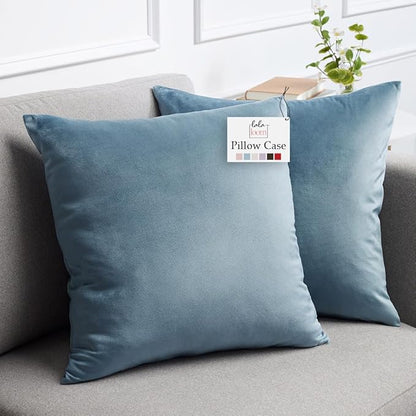lalaLOOM Velvet Throw Pillow Covers, Set of 2 Decorative Square Pillows Home Decor, Soft Accent Cases, Silky Machine Washable Pillowcases for Sofa, Couch, Bedroom, Living Room, 16x16, Stone Blue
