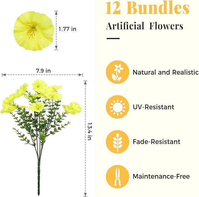 Yellow Artificial Morning Glory Fall Faux Flowers for Outdoor Decoration, 12 Bundles Realistic Silk Flowers with Eucalyptus for Autumn Home Decor Patio Porch Garden Planter Window Box Yard