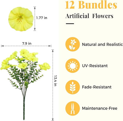 Yellow Artificial Morning Glory Fall Faux Flowers for Outdoor Decoration, 12 Bundles Realistic Silk Flowers with Eucalyptus for Autumn Home Decor Patio Porch Garden Planter Window Box Yard