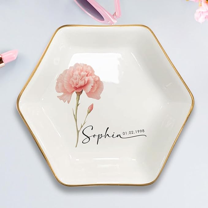 Personalized Birth Flower Ring Dish, Custom Floral Name Jewelry Dish, Trinket Tray for Women Bridesmaid Friends Sisters Siblings Bestie Gift for Birthday, Wedding, Engagement