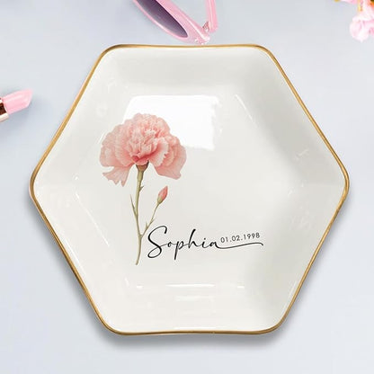 Personalized Birth Flower Ring Dish, Custom Floral Name Jewelry Dish, Trinket Tray for Women Bridesmaid Friends Sisters Siblings Bestie Gift for Birthday, Wedding, Engagement
