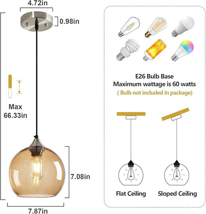 Light Brown Glass Pendant Lights Kitchen Island Lighting Globe Pendant Light Fixtures Modern Pendant Lighting for Bedroom Living Dining Room Light Fixture (7.87 in, 1 Pack)