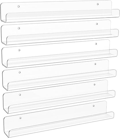 upsimples 6 Pack Clear Acrylic Shelves, 1.7" x12" Clear Wall Shelves for Nail Polish, Vinyl Wall Mount, Record Holder, Magazine Rack, Comic Display, Picture Ledge Shelf Décor