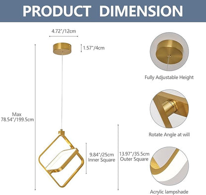 Modern LED Chandelier Gold Rectangular Pendant Light Fixtures 4000K 20W Dimmable Height Adjustable Pendant Lighting for Dining Room Kitchen Island Bedroom Living Room Foyer（2-Pack）