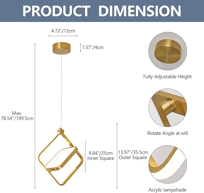 Modern LED Chandelier Gold Rectangular Pendant Light Fixtures 4000K 20W Dimmable Height Adjustable Pendant Lighting for Dining Room Kitchen Island Bedroom Living Room Foyer（1-Pack）