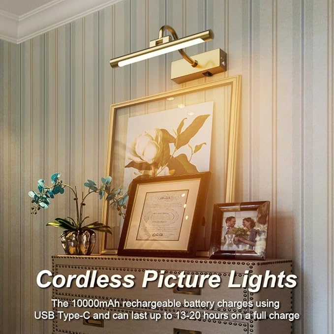 Aipsun 11.8" Brass Picture Lights for Wall Rechargeable,10000mAh Battery Operated Art Light for Paintings,3CCT Dimmable, Rotatable Gallery Light for Pictures Display
