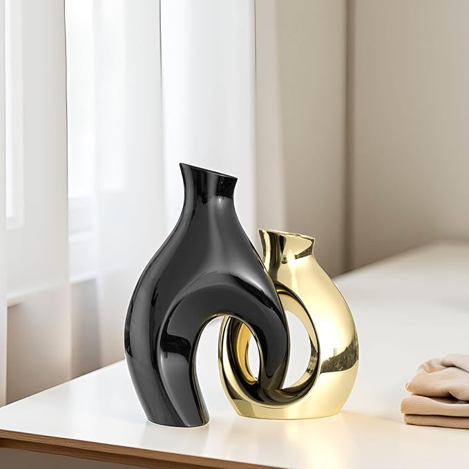 Black Gold Modern Abstract Ceramic Vases for Home Decor,Nordic Snuggle Hollow Design for Flowers Pampas Grass Decorative,for Living Room Coffee Table Centerpiece,Entrance,Console (Black)