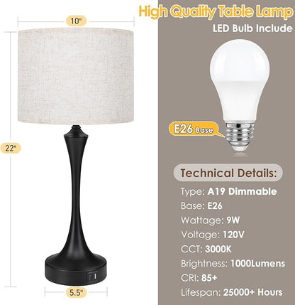 GGOYING 22” Set of 2 Touch Control Table Lamp with USB A+C Ports, 3-Level Dimmable Bedside Lamp with Fabric Lampshade, 3000K LED Bulbs, Nightstand Lamp for Bedroom Livingroom Office, Black