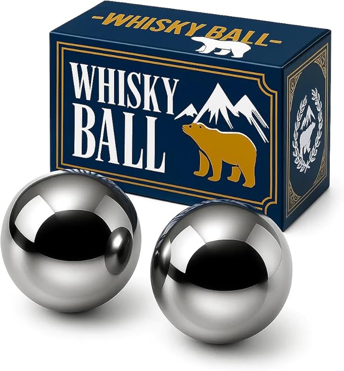 Stainless Steel Whiskey Ice Balls, Whiskey Stones, Set of 2 Reusable Metal Ice Cubes for Chilling Whiskey & Beverages - Gift Set for Men