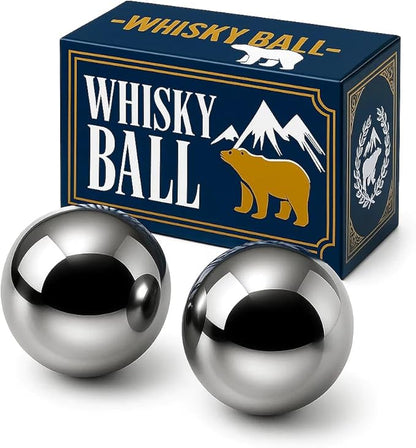 Stainless Steel Whiskey Ice Balls, Whiskey Stones, Set of 2 Reusable Metal Ice Cubes for Chilling Whiskey & Beverages - Gift Set for Men
