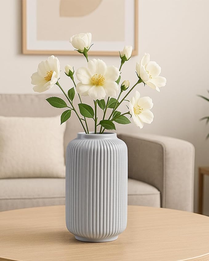 Matte White Ceramic Flower Vase, 8 Inch Ribbed Vase for Pampas Grass, Fresh or Dried Flowers, Decorative Centerpiece for Living Room, Kitchen, Bookshelf, Office Decor