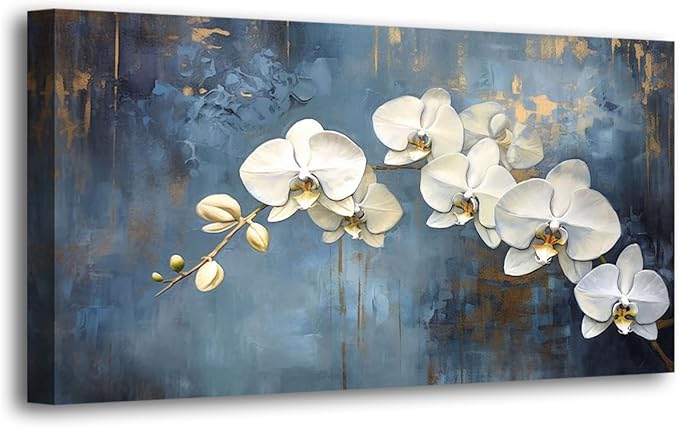 Abstract White Butterfly Orchid Canvas Wall Art for Living room Office Bedroom Flowers Wall Art Print Oil Paintings Modern Blue Gold Rain Mist Pictures Wall Decor Artwork Ready to Hang - 70in * 35inch