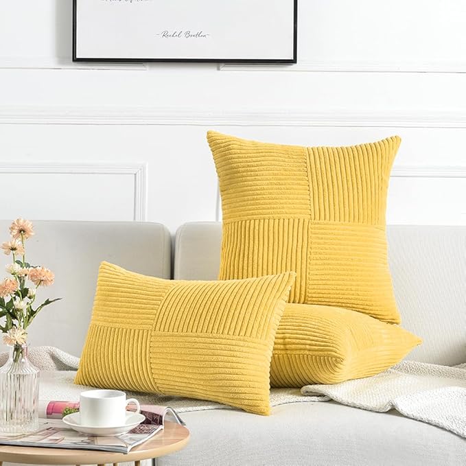Fancy Homi 2 Packs Yellow Decorative Throw Pillow Covers 20x20 Inch for Living Room Couch Bed Sofa, Rustic Farmhouse Boho Home Decor, Soft Corss Corduroy Patchwork Accent Square Cushion Case 50x50 cm
