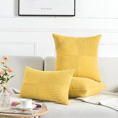 Fancy Homi 2 Packs Yellow Decorative Throw Pillow Covers 16x16 Inch for Living Room Couch Bed, Rustic Farmhouse Boho Home Decor, Soft Corss Patchwork Corduroy Textured Square Cushion Case 40x40 cm