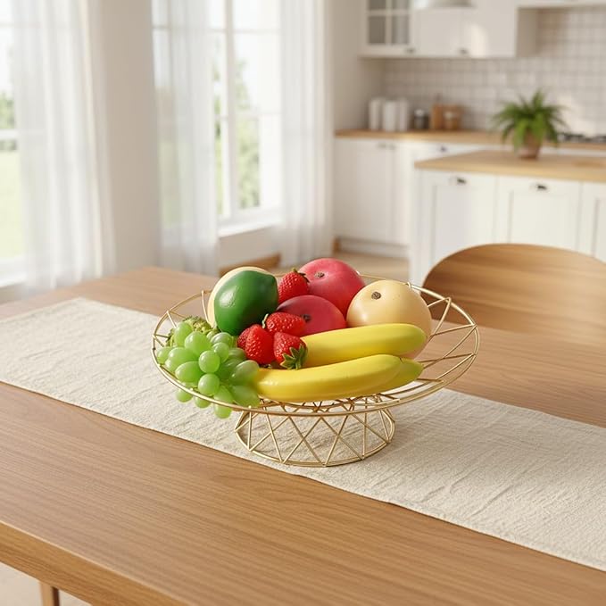 Large Metal Wire Fruit Bowl, Round Mesh Fruit Basket for Kitchen Countertop, Modern Decorative Bread Vegetable Storage Holder Organizer(Gold)