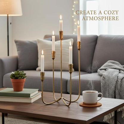 Candelabra for 5 Taper Candles – Hand-Forged Candle Holder with Elegant Vintage Finish – Decorative Centerpiece for Dining Room, Living Room or Mantel Decor（Brass Color-Straight）