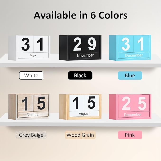 Wooden Block Calendar for Desk, Small Size Daily Desktop Perpetual Desk Calendar, Cute Date Display Desk Accessories for Home Office Decor, Teacher, Classroom, Reusable Yearly, Grey Beige