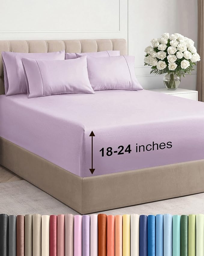 Extra Deep Full Sheet Set - 6 Piece Breathable and Cooling Sheets - Hotel Luxury Bed Sheets Set - Easy Fit - Soft, Wrinkle Free and Comfy Sheets Set - Light Lavender Sheet Set with Extra Deep Pockets