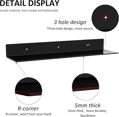 Sezanrpt 24 Inches Acrylic Wall Shelves 2 Pack, Floating Shelf for Wall Mounting, Acrylic Display Ledges for Funko Pop Figures, Home Décor, Living Room, Gaming Room, Plants(24 inch, Black)