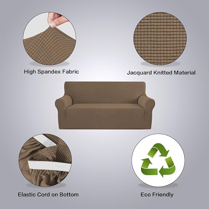 H.VERSAILTEX Stretch Couch Covers for Sofa 1 Piece Slipcovers for Couches and Sofas 3 Seater Couch Cover Feature Thick Checked Jacquard Fabric with Elastic Bottom(Large Sofa 90"-100" Wide, Macchiato)