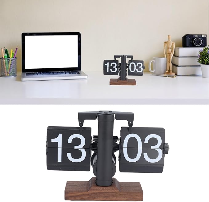 Retro Flip Clock Vintage, Digital Flip Desk Clock Black, Gear Flipping Clock, Mechanical Page Turning with Black Walnut Base for Home, Office, Room Decoration