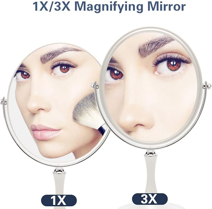 YEAKE Vintage Table Mirror with Stand 8-inch Double Sided Swivel 1X/3X Magnification Desk Mirror with Silver Style 13 Inch Height Standing Tabletop Makeup Vanity Mirror(Oval)